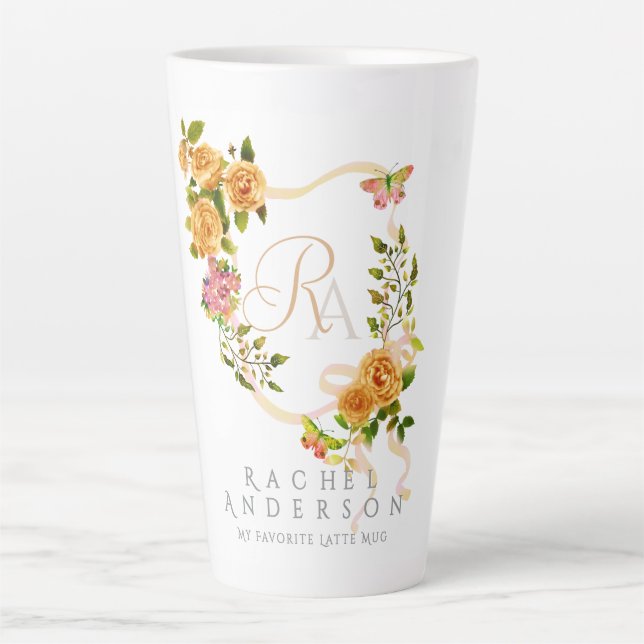 Gold Rose Ribbon Chic Monogram White Latte Mug (Front)