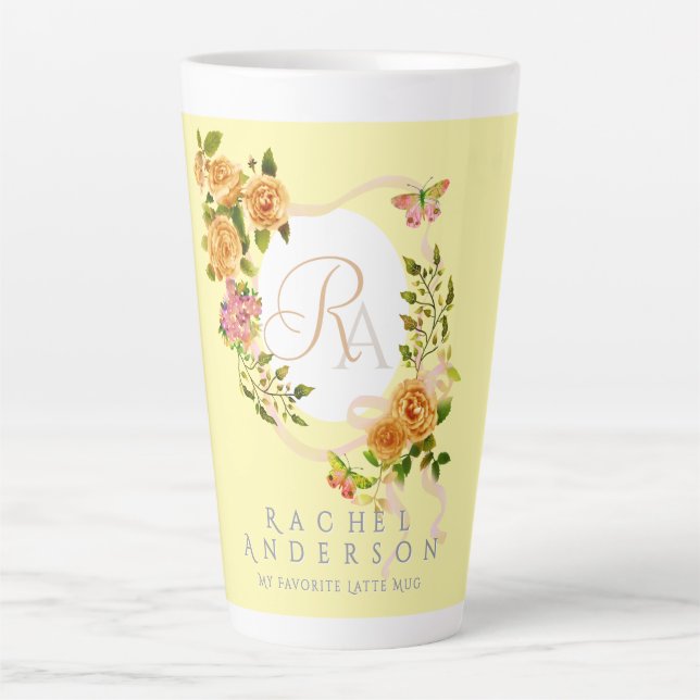 Gold Rose Ribbon Chic Monogram Yellow Latte Mug (Front)