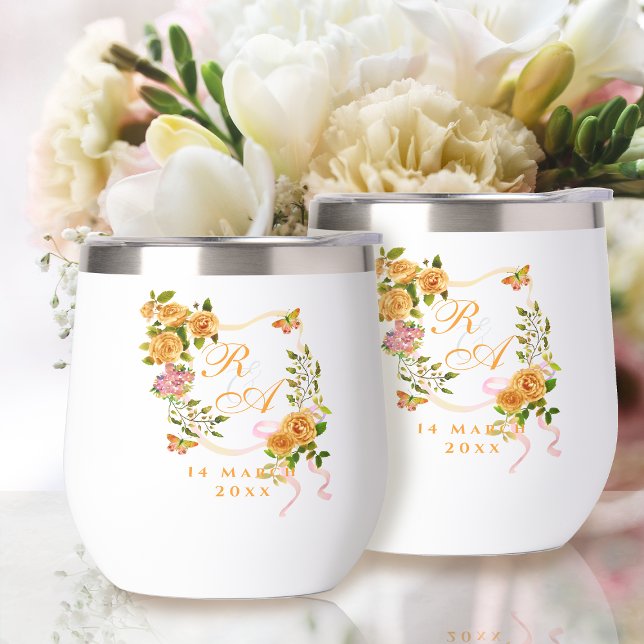 Gold Rose Ribbon Monogram  (Gold Rose Ribbon Monogram Thermal Wine Tumbler)