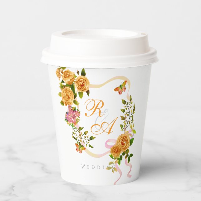 Gold Rose Ribbon Monogram  Paper Cups (Front)