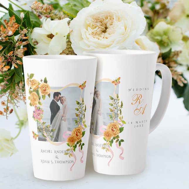 Gold Rose Ribbon Monogram Photo Wedding  Latte Mug (Romantic Wedding Gold Rose 
Photo Latte Mug.)
