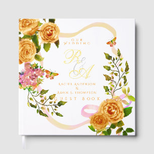 Gold Rose Ribbon Monogram Wedding Guest Book