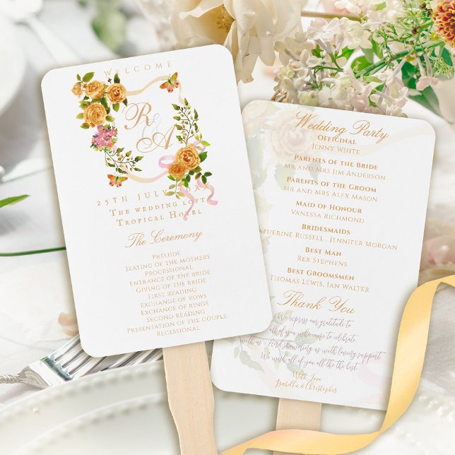 Gold Rose Ribbon Monogram Wedding Hand Fan (Gold Rose Ribbon Monogram Wedding Hand Fan Program)