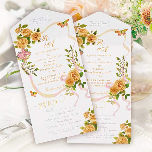 Gold Rose Ribbon Monogram Wedding Invitation (Gold Rose Ribbon Monogram Wedding Invitation)