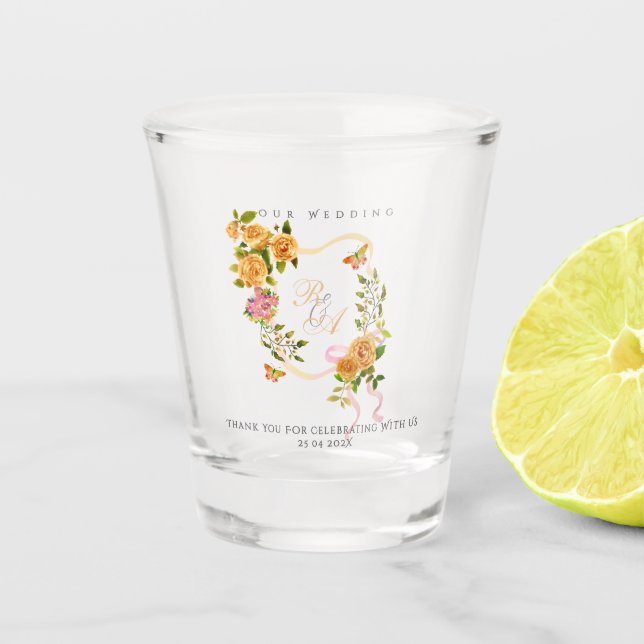 Gold Rose Ribbon Monogram Wedding  Shot Glass (Front)
