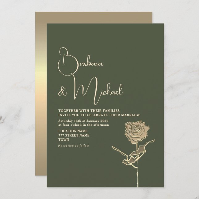 Gold Rose Sage Green Elegant Wedding Invitation (Front/Back)