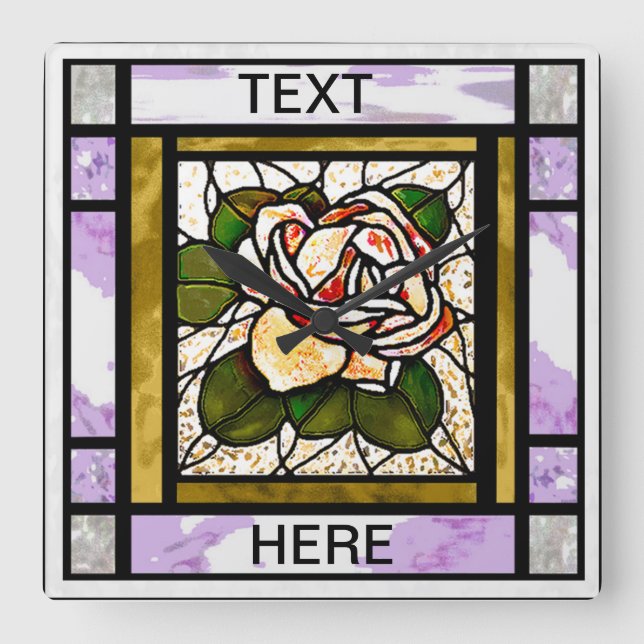 Gold Rose Stained Glass Art Deco Square Wall Clock (Front)