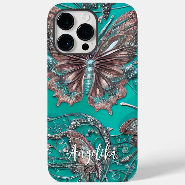 Gold Rose Teal Butterfly Personalised Name Case-Mate iPhone Case (Back)