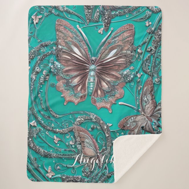 Gold Rose Teal Butterfly Personalised Name Sherpa Blanket (Front)