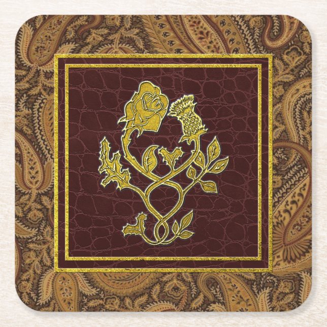 Gold Rose Thistle Paisley and Leather Patterns Square Paper Coaster (Front)