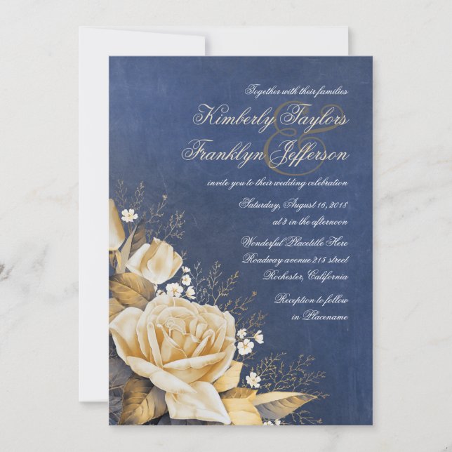 Gold Rose Vintage Navy Floral Wedding Invitation (Front)
