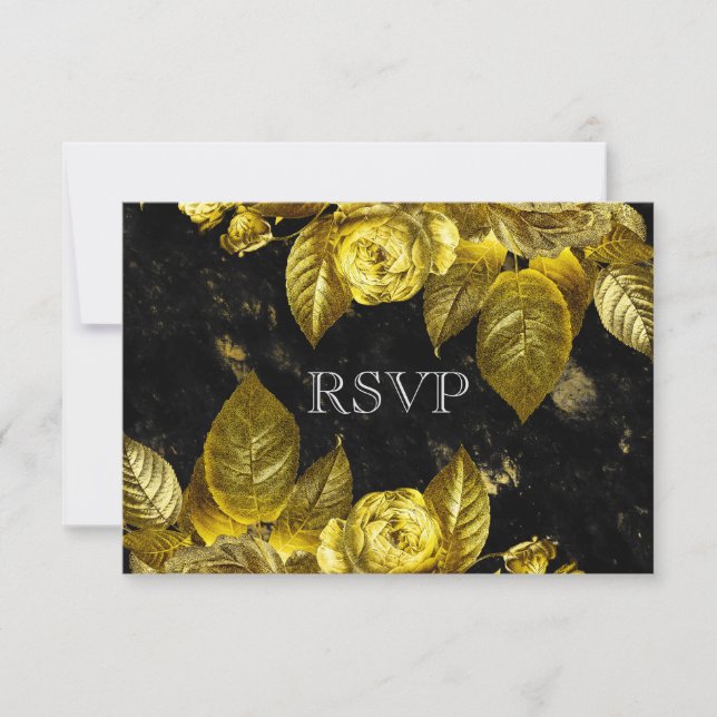 Gold roses and black marble wedding RSVP card (Front)