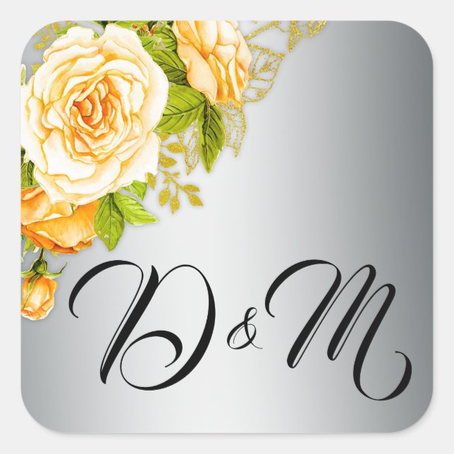 Gold Roses and Silver Wedding Square Sticker (Front)