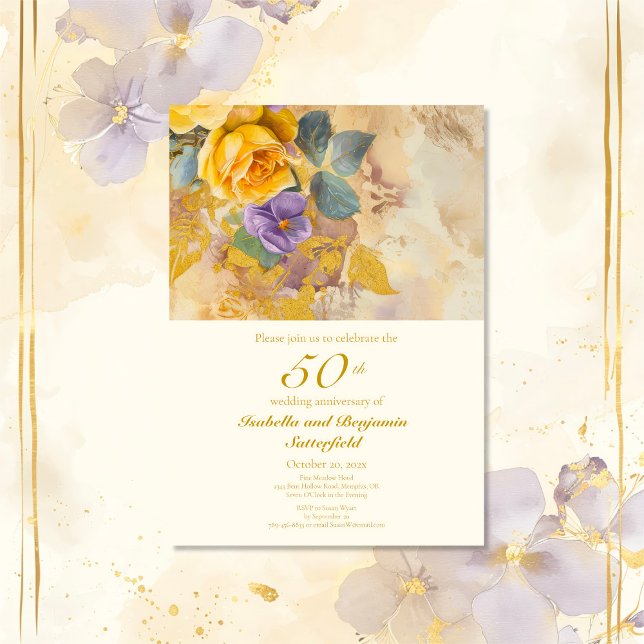 Gold Roses and Violets 50th Wedding Anniversary Invitation (Gold Roses and Violets 50th Wedding Anniversary Invitation)
