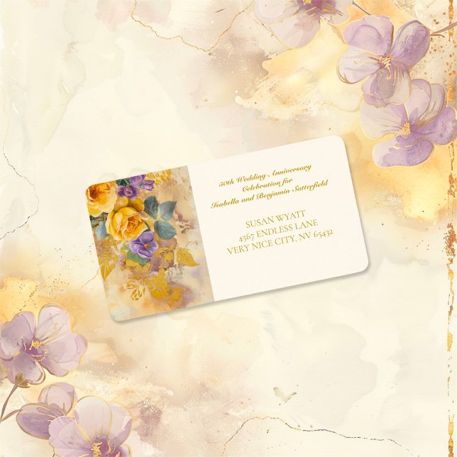 Gold Roses and Violets 50th Wedding Anniversary Label (Gold Roses and Violets 50th Wedding Anniversary Return Address Labels)