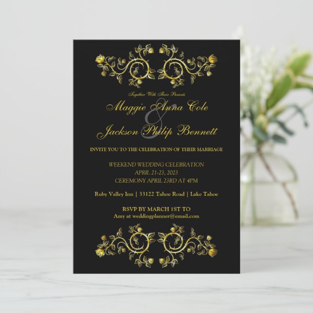 Gold Roses Border Wedding Invitation (Standing Front)