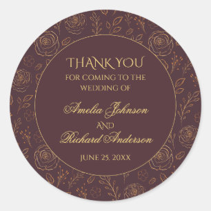 Gold Roses Chocolate Brown Wedding Thank You Favou Classic Round Sticker
