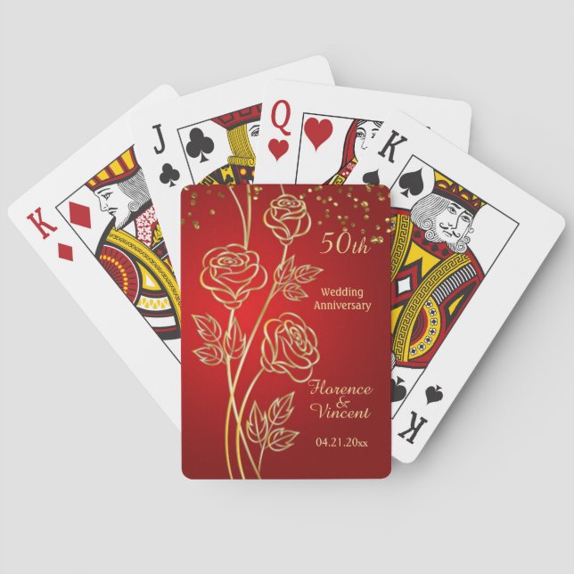 Gold roses, confetti on red 50th Anniversary Playing Cards (Back)