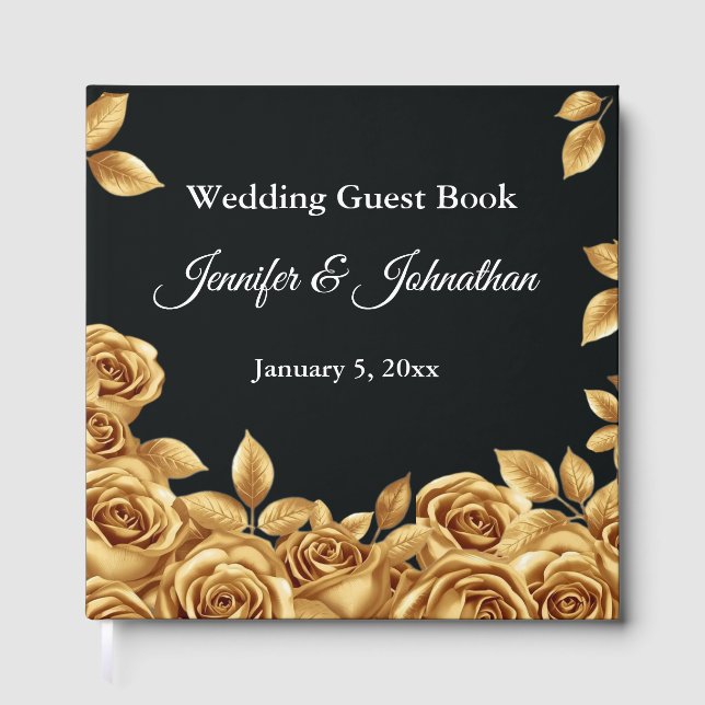 Gold Roses Custom Background Wedding  Guest Book (Front)