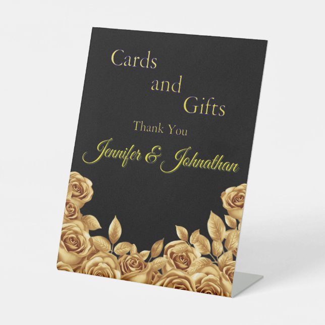 Gold Roses Custom Background Wedding Pedestal Sign (Front)