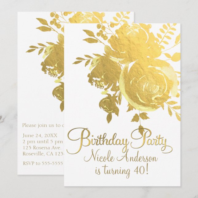 Gold Roses Faux Foil Elegant Floral Birthday Party Invitation (Front/Back)
