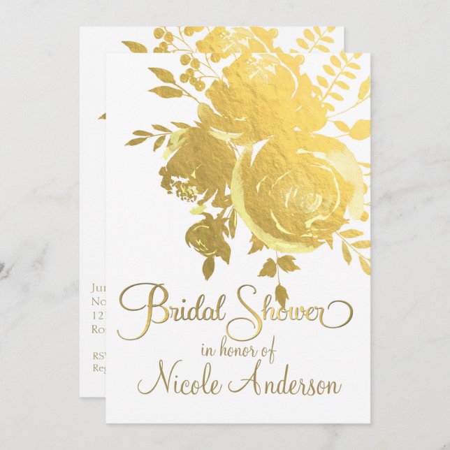 Gold Roses Faux Foil Elegant Floral Bridal Shower Invitation (Front/Back)