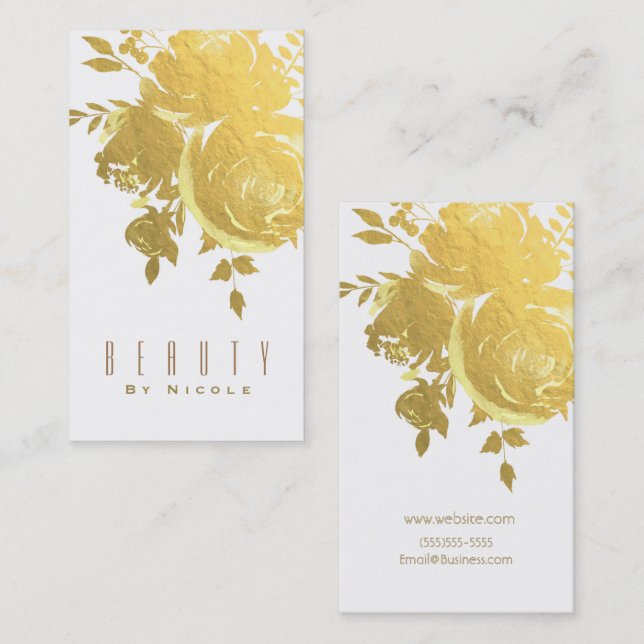 Gold Roses Faux Foil Elegant Modern Floral Wedding Business Card (Front/Back)