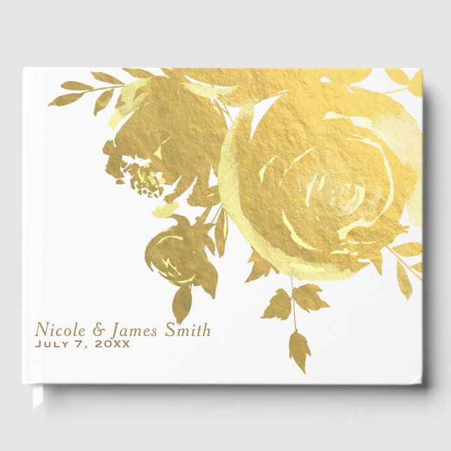 Gold Roses Faux Foil Elegant Modern Floral Wedding Guest Book (Front)
