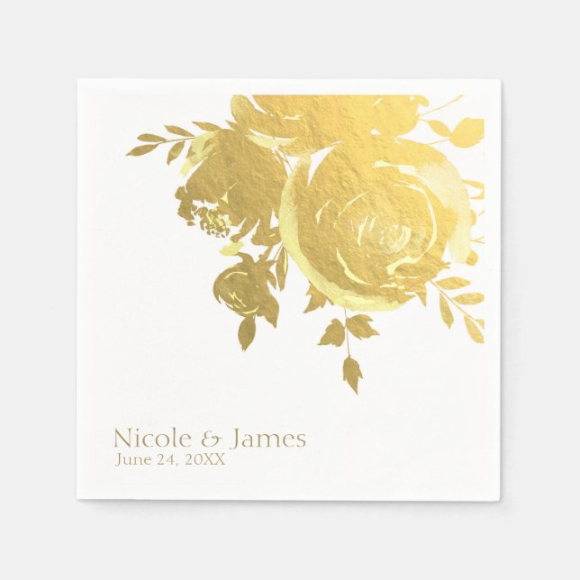 Gold Roses Faux Foil Elegant Modern Floral Wedding Napkin (Front)