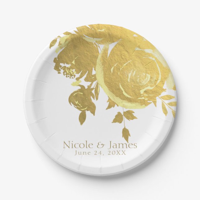 Gold Roses Faux Foil Elegant Modern Floral Wedding Paper Plate (Front)