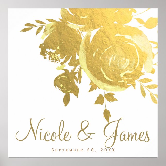 Gold Roses Faux Foil Elegant Modern Floral Wedding Poster (Front)