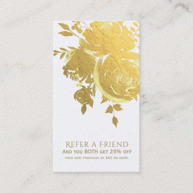 Gold Roses Faux Foil Elegant Modern Refer a Friend Referral Card (Front)