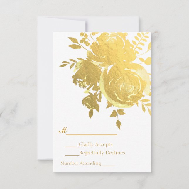 Gold Roses Faux Foil Elegant Modern Wedding RSVP (Front)