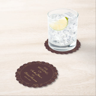 Gold Roses Foliage Chocolate Brown Wedding Décor  Paper Coaster