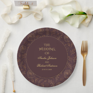 Gold Roses Foliage Chocolate Brown Wedding Party  Paper Plate
