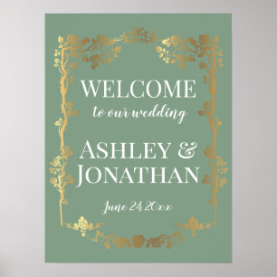 Gold Roses Frame On Green Wedding Welcome Poster