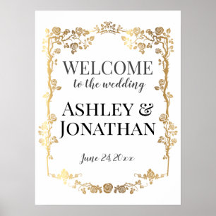 Gold Roses Frame Wedding Welcome Poster