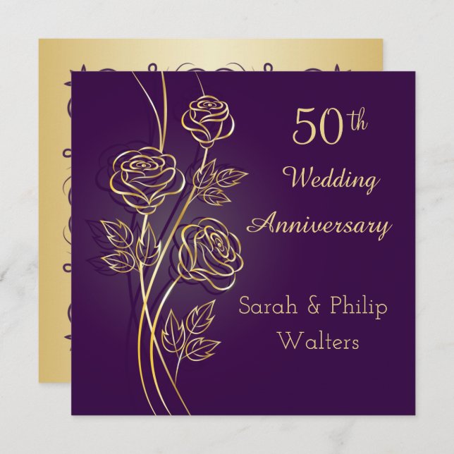Gold roses on purple 50th Anniversary Invitation (Front/Back)