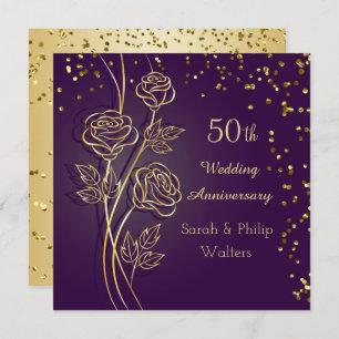 Gold roses on purple, confetti 50th Anniversary Invitation