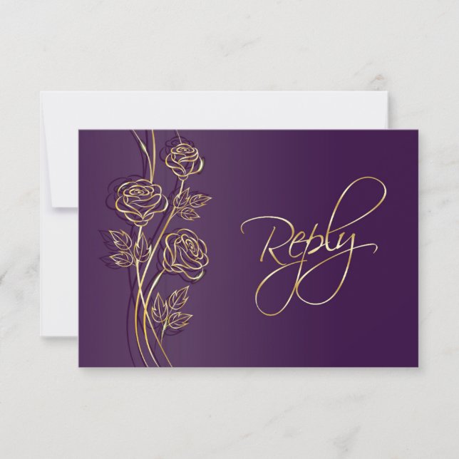 Gold roses on purple Wedding RSVP Card (Front)
