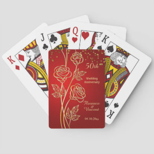Gold roses on red 50th Anniversary Playing Cards