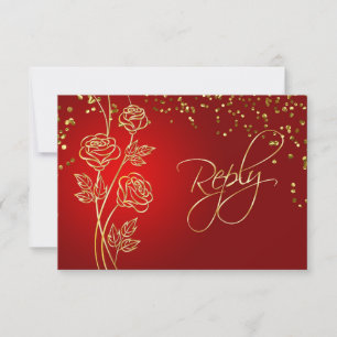 Gold roses on red, confetti Wedding RSVP Card