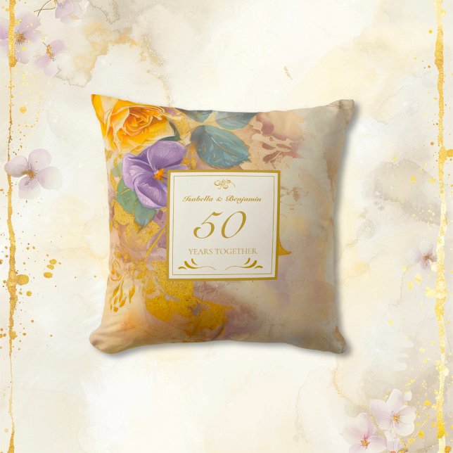 Gold Roses Violets 50th Wedding Anniversary Cushion (Gold Roses and Violets 50th Wedding Anniversary throw pillow)