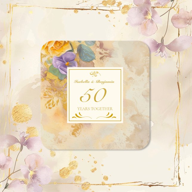 Gold Roses Violets 50th Wedding Anniversary Square Sticker (Gold Roses and Violets 50th Wedding Anniversary Stickers)