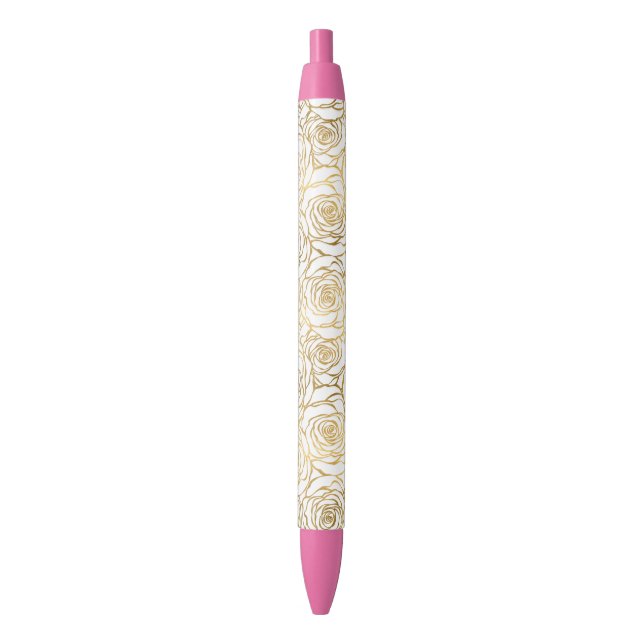 Gold Roses with Pink Black Ink Pen (Front Vertical)