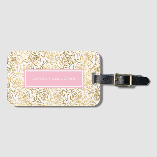 Gold Roses with Pink Luggage Tag (Front Horizontal)