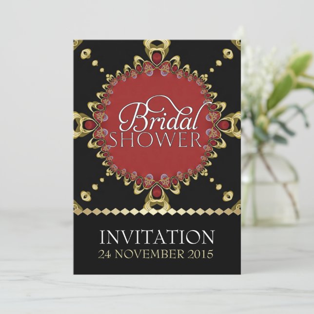 Gold Royal Black Red Bridal Shower Invitations (Standing Front)