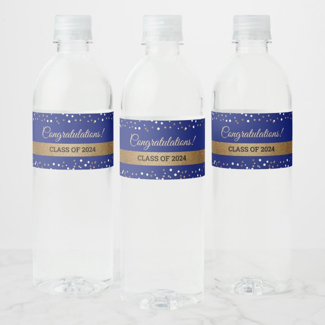 Gold Royal Blue Congratulations Class of 2024 Grad Water Bottle Label (Bottles)