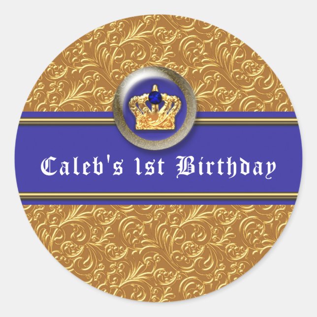 Gold & Royal Blue Crown Birthday Party Favour Classic Round Sticker (Front)