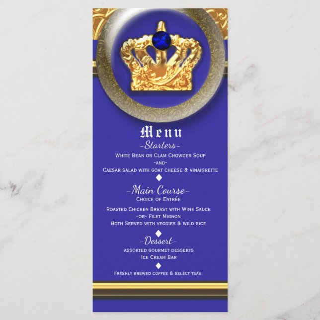 Gold & Royal Blue Crown Birthday Party Menu Card (Front)